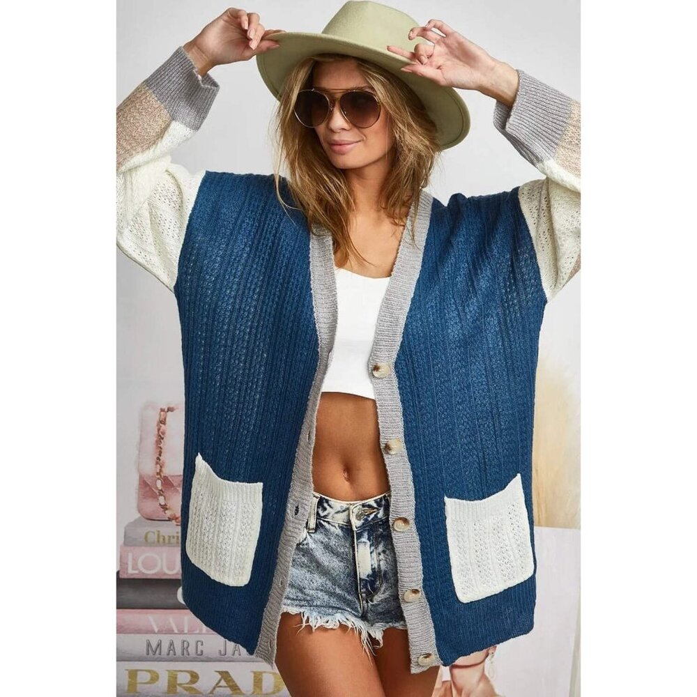 BiBi Color Block Sweater Cardigan with Button Closure Large